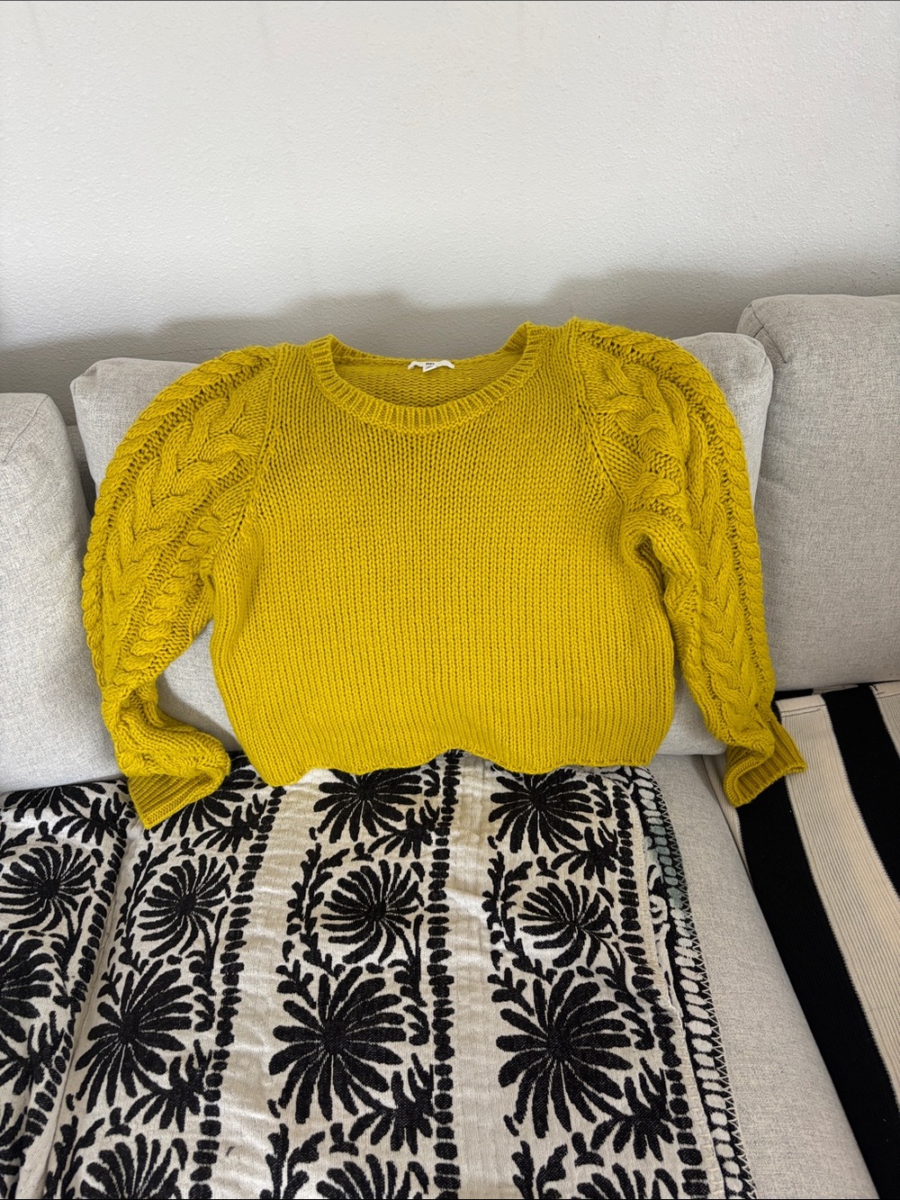 Chunky Cable-Sleeve Crewneck Sweater in Mustard Yellow